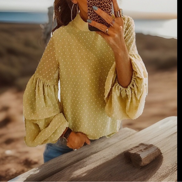 Breathtaking Mandarin Collar Unique Lower Puffy Sleeve Dot Mustard Yellow Blouse - Picture 5 of 6